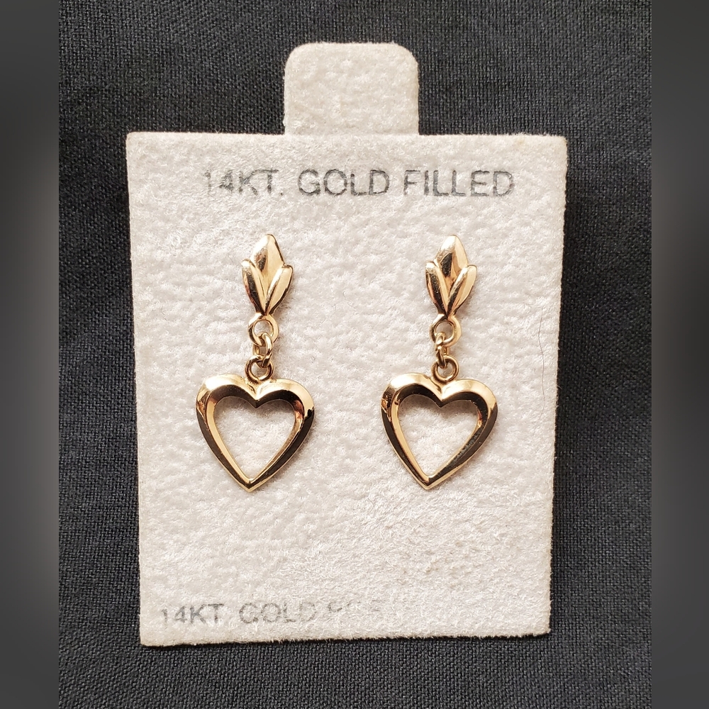14k gold filled dangle heart earrings